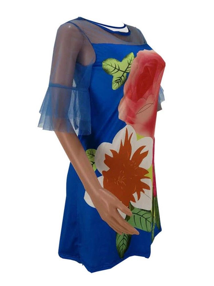 Vestido Feminino Na Altura Do Joelho Meia Manga Decote Redondo E Pulôver Com Estampa Floral