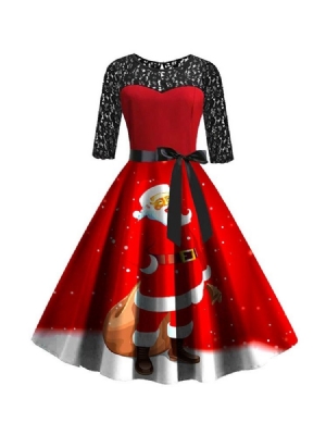 Vestido Feminino De Natal Com Meia Manga Meia Panturrilha De Renda E Pulôver De Verão