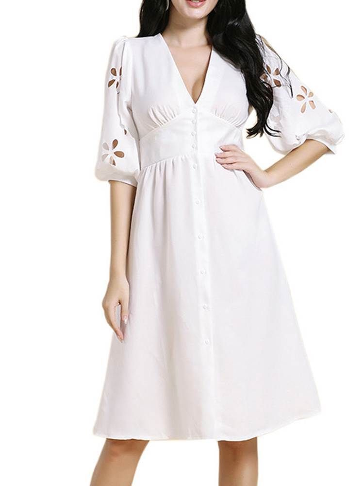 Vestido Feminino Oco Na Altura Do Joelho Com Decote Em V Liso Em Linha A