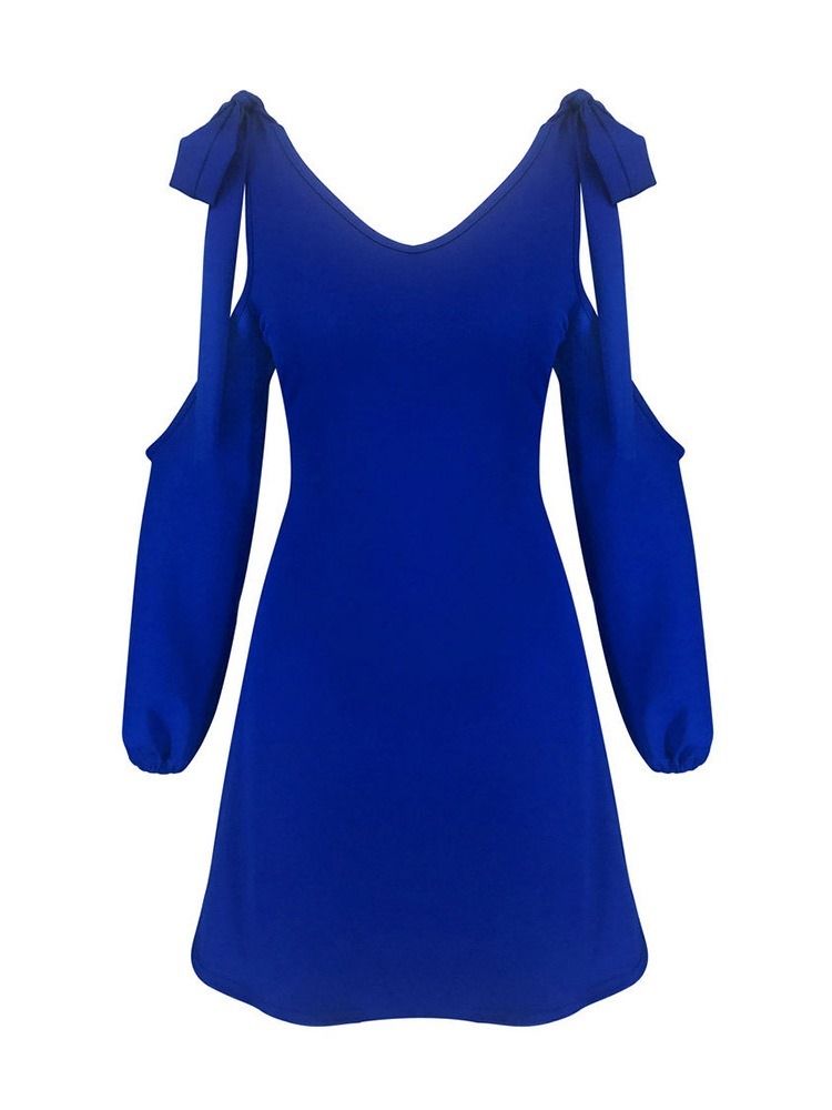 Vestido Feminino De Ombro Frio Com Decote Em V Acima Do Joelho Azul