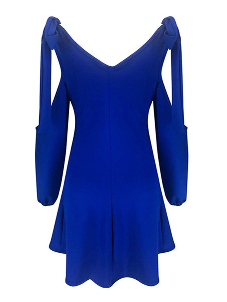 Vestido Feminino De Ombro Frio Com Decote Em V Acima Do Joelho Azul