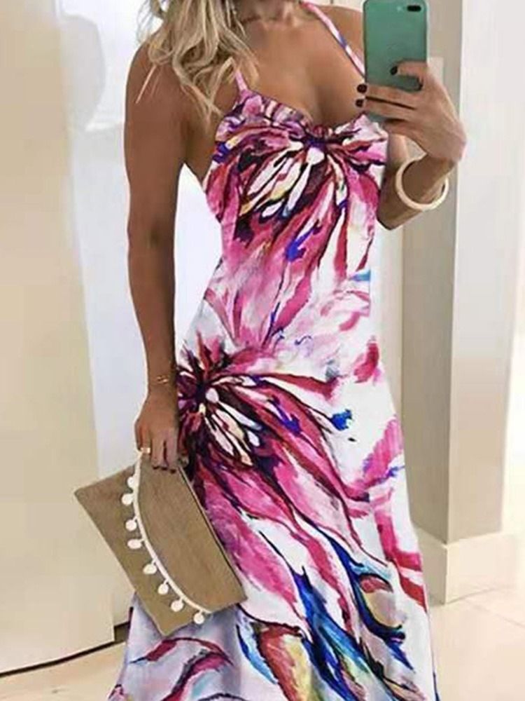 Vestido Feminino Sem Mangas Com Estampa Até O Chão Para Festa