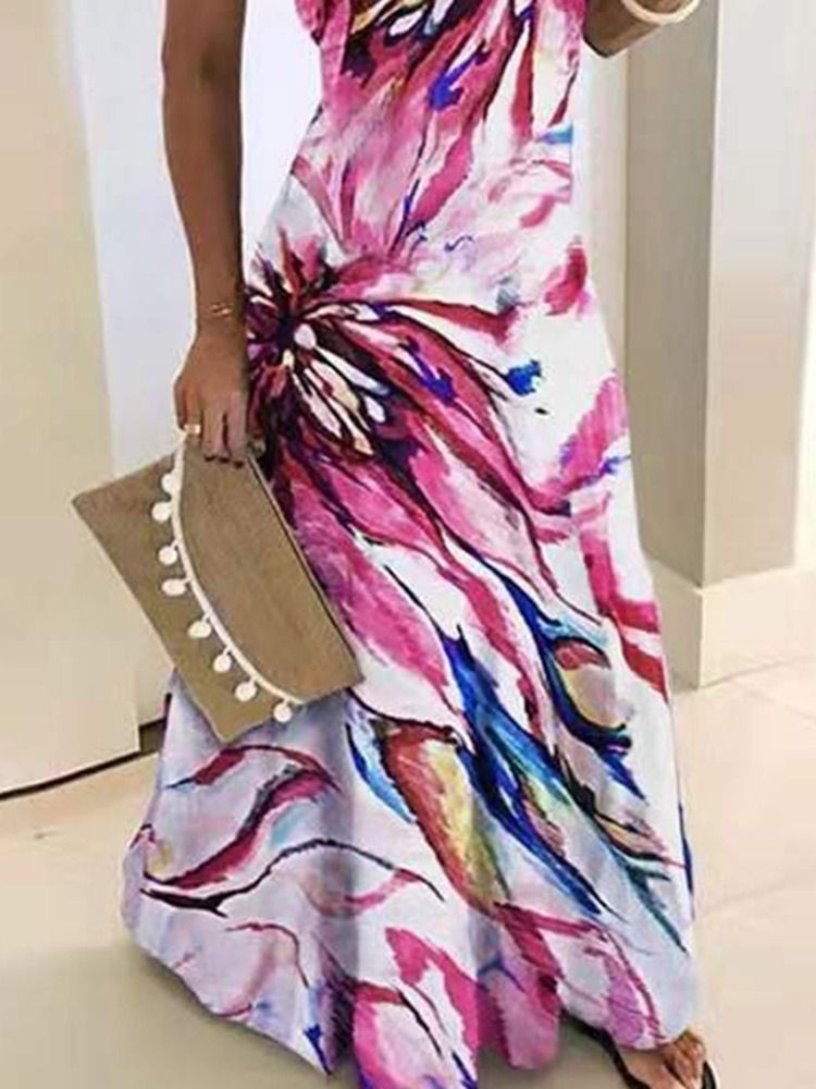 Vestido Feminino Sem Mangas Com Estampa Até O Chão Para Festa