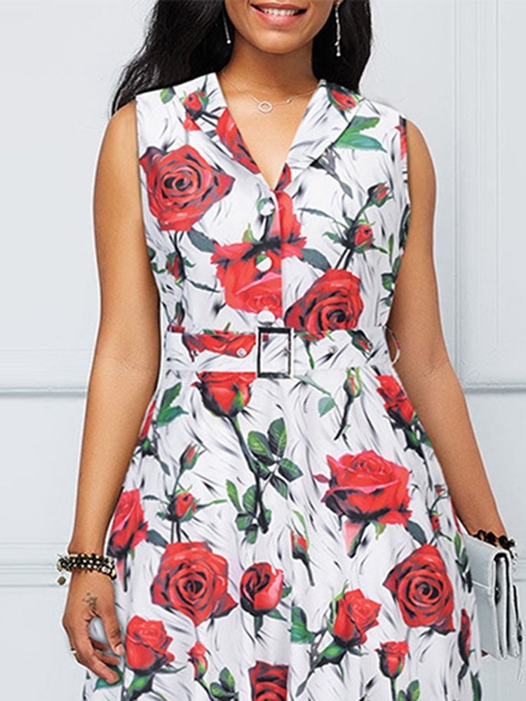 Vestido Feminino Sem Mangas Estampado Em Linha A Vintage