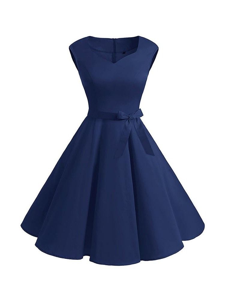 Vestido Feminino Sem Mangas Na Altura Do Joelho Bowknot Pregueado Em Linha A