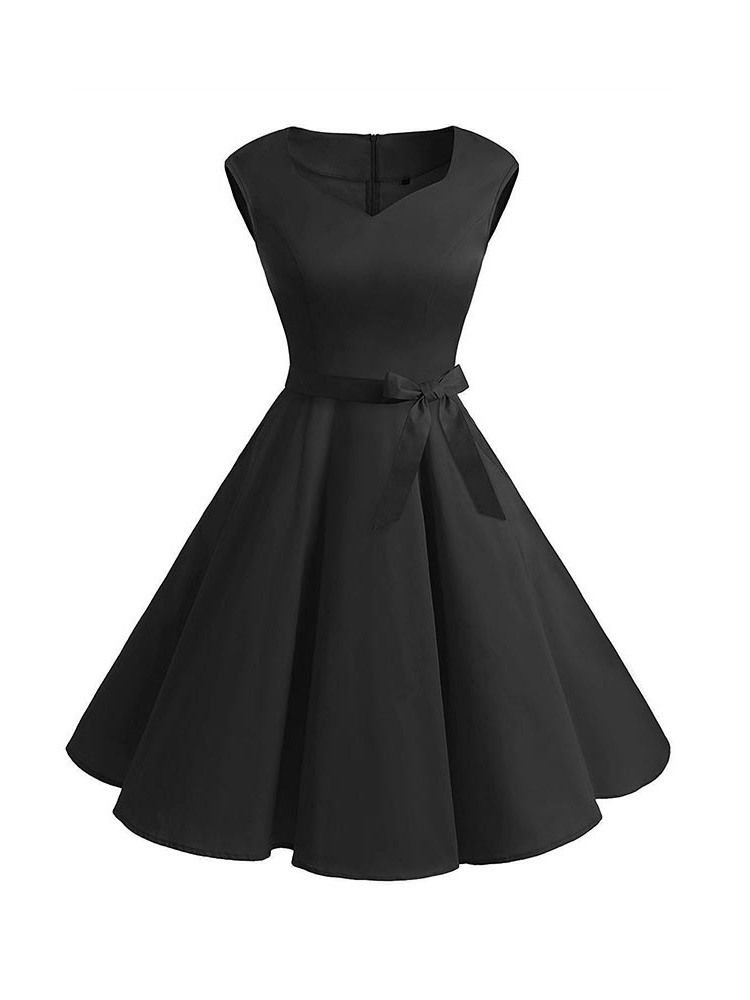 Vestido Feminino Sem Mangas Na Altura Do Joelho Bowknot Pregueado Em Linha A