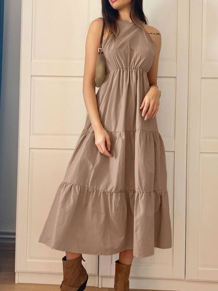 Vestido Feminino Sem Mangas Panturrilha Média Sem Costas Pulôver Liso