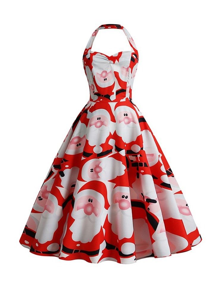 Vestido De Festa Feminino Sem Mangas Com Estampa De Meia Panturrilha De Natal