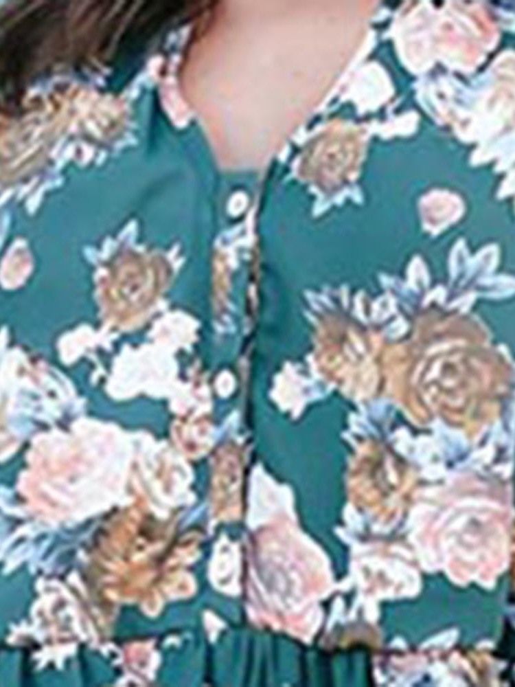 Vestido Floral Regular Com Manga Lanterna Feminina Com Decote Em V Acima Do Joelho