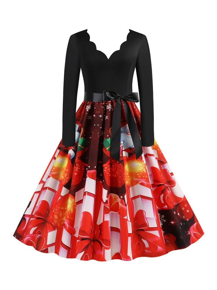 Vestido De Outono Feminino Com Estampa De Natal Com Decote Em V Manga Comprida De Desenho Animado