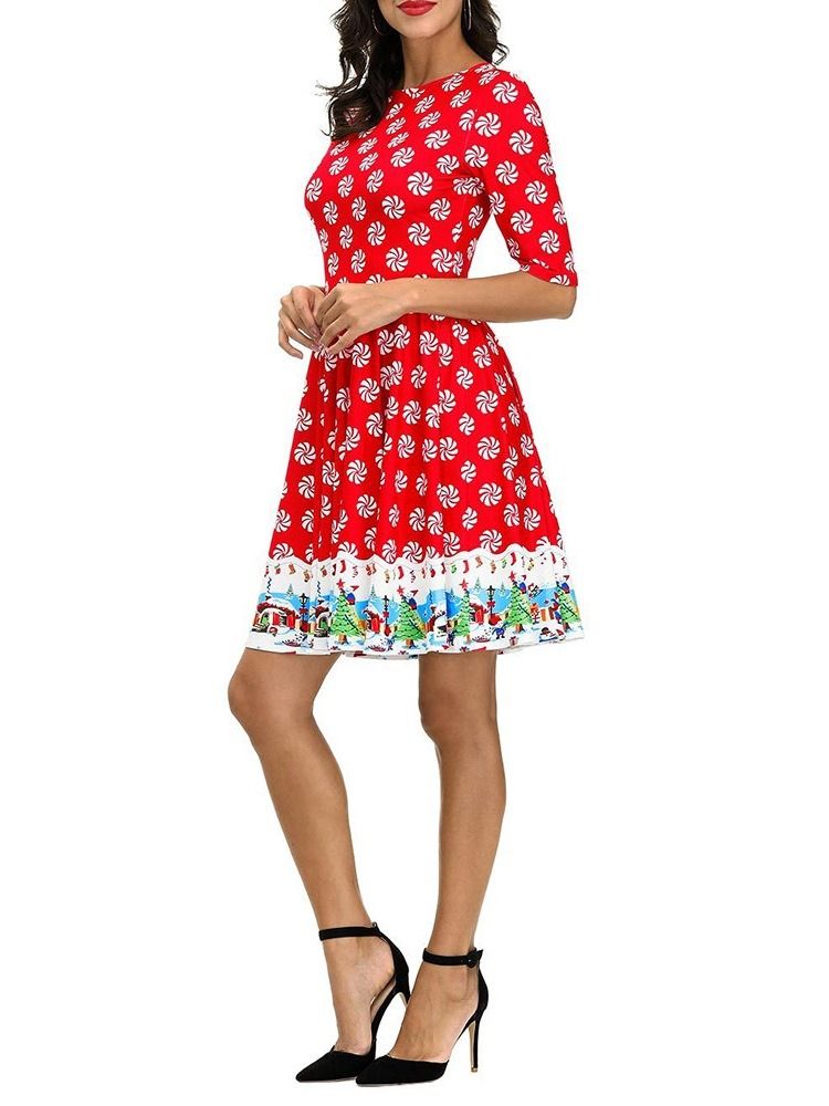 Vestido De Verão Feminino Com Estampa De Gola Redonda E Manga Curta