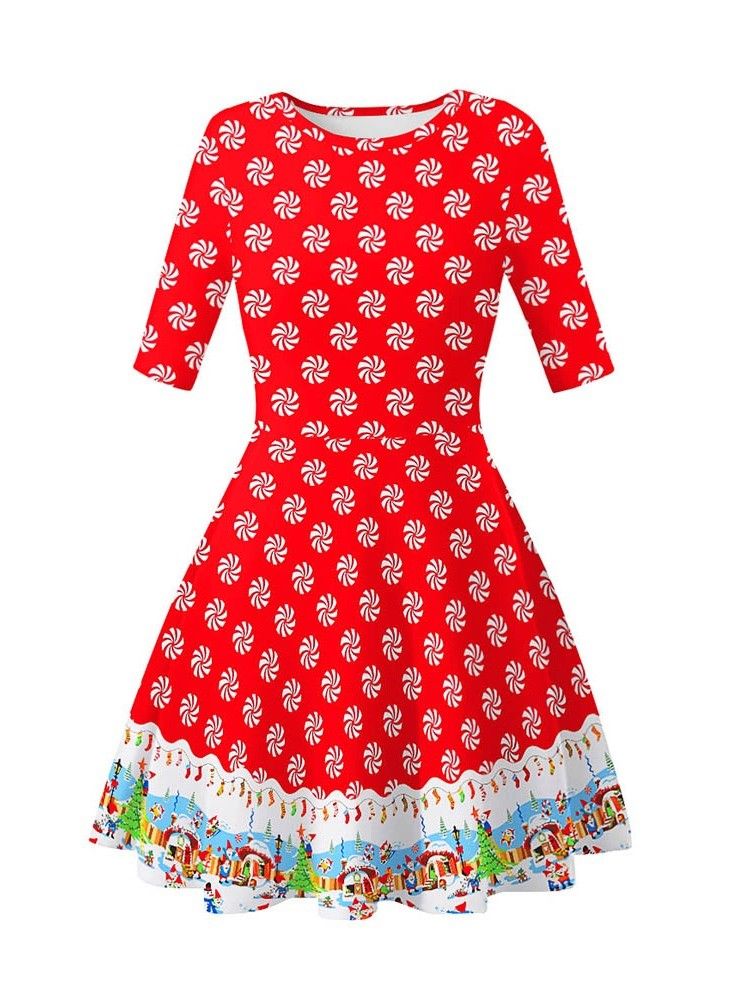 Vestido De Verão Feminino Com Estampa De Gola Redonda E Manga Curta