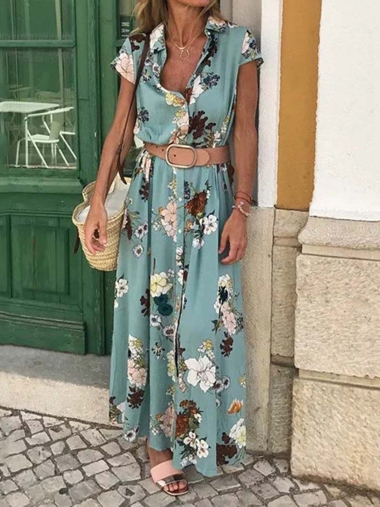 Vestido De Verão Feminino Estampado Floral Lapela Manga Curta De Peito Único (sem Cintura)