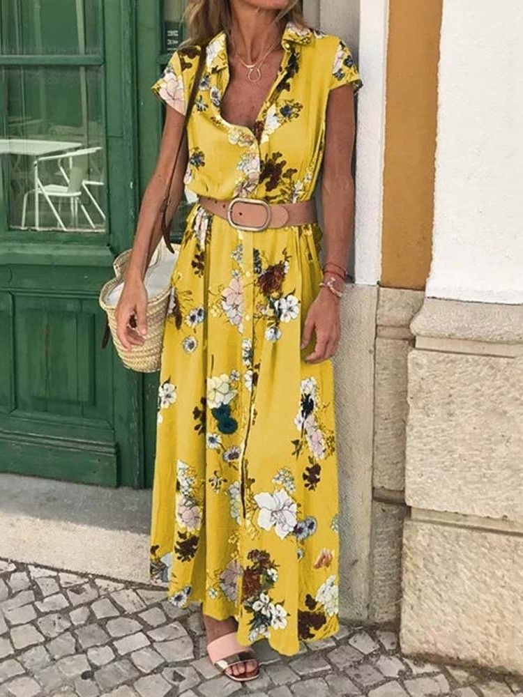 Vestido De Verão Feminino Estampado Floral Lapela Manga Curta De Peito Único (sem Cintura)