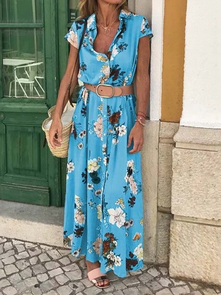 Vestido De Verão Feminino Estampado Floral Lapela Manga Curta De Peito Único (sem Cintura)