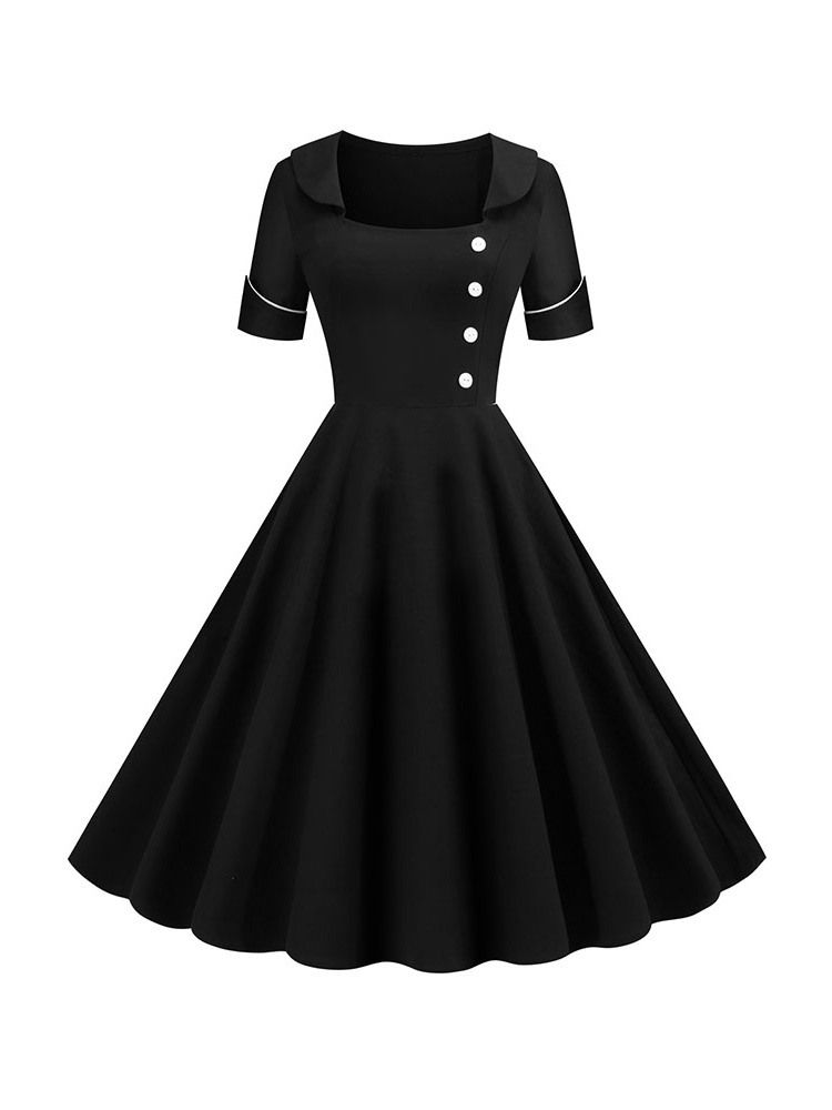 Vestido De Verão Feminino De Manga Curta Quadrada Decote Médio Panturrilha Preto