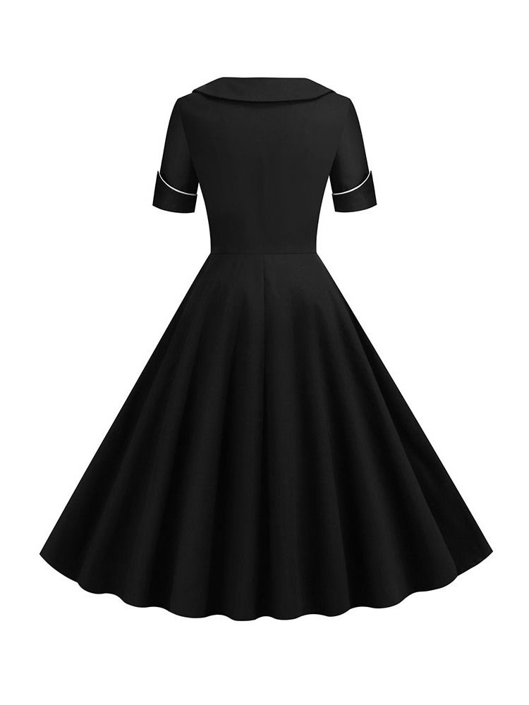 Vestido De Verão Feminino De Manga Curta Quadrada Decote Médio Panturrilha Preto