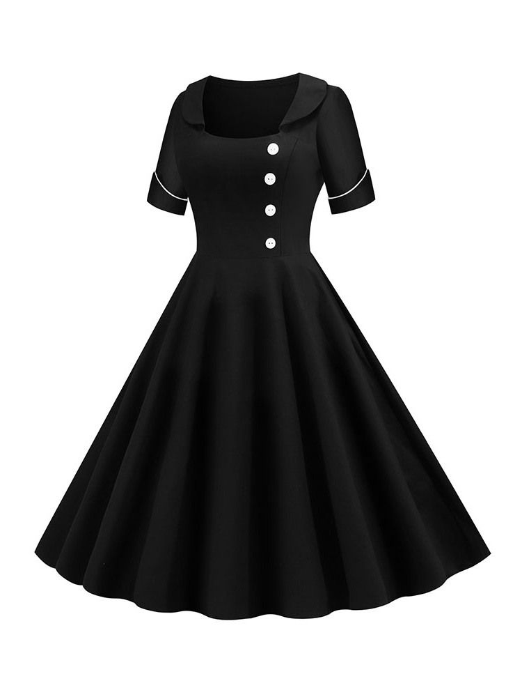 Vestido De Verão Feminino De Manga Curta Quadrada Decote Médio Panturrilha Preto