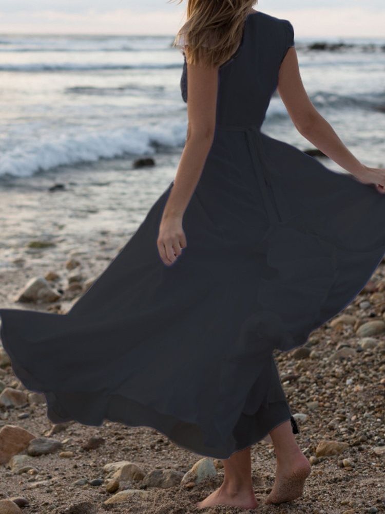 Vestidos De Praia De Manga Curta Até O Chão Com Decote Em V Para Mulheres