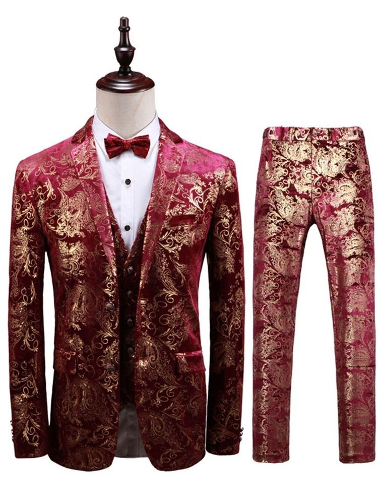 Blazer De Peito Único Com Estampa Floral 3 Peças Terno Masculino