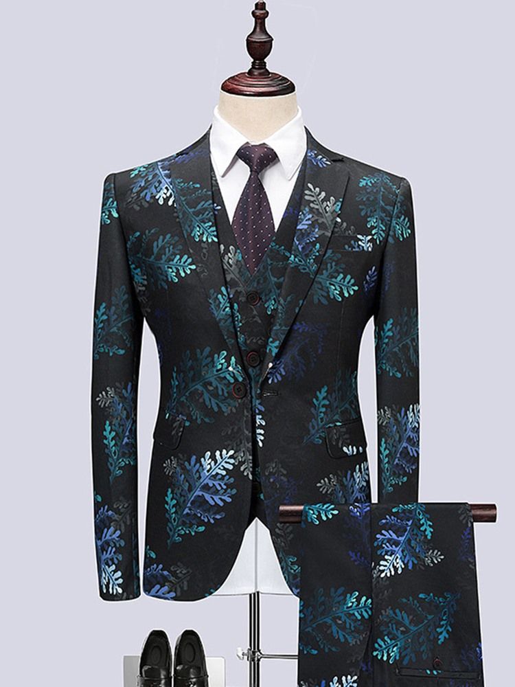 Leaf Print One Button 3 Peças Masculino Casual Suit