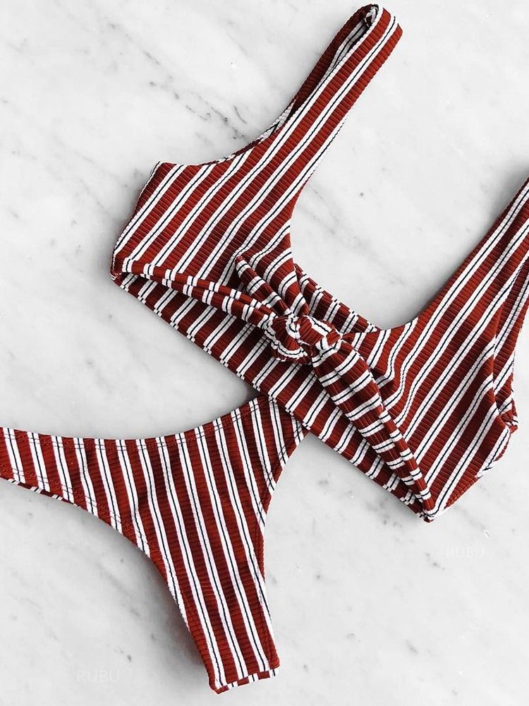 Conjunto De Biquíni Feminino Stripe Bowknot Com Look De Praia Maiô Elástico