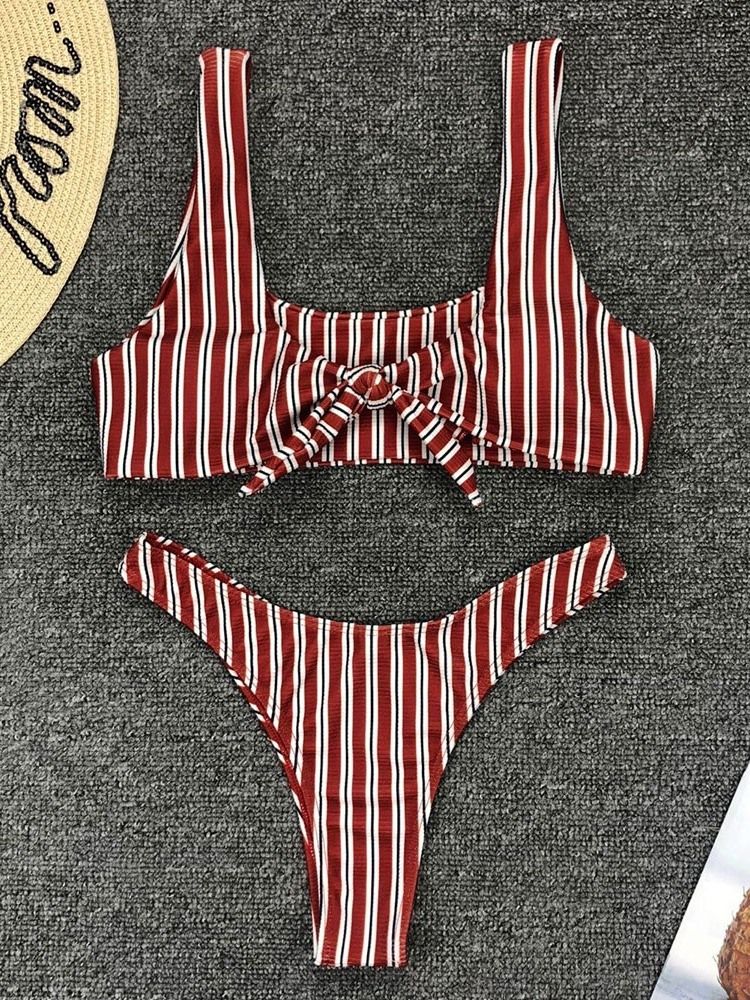 Conjunto De Biquíni Feminino Stripe Bowknot Com Look De Praia Maiô Elástico