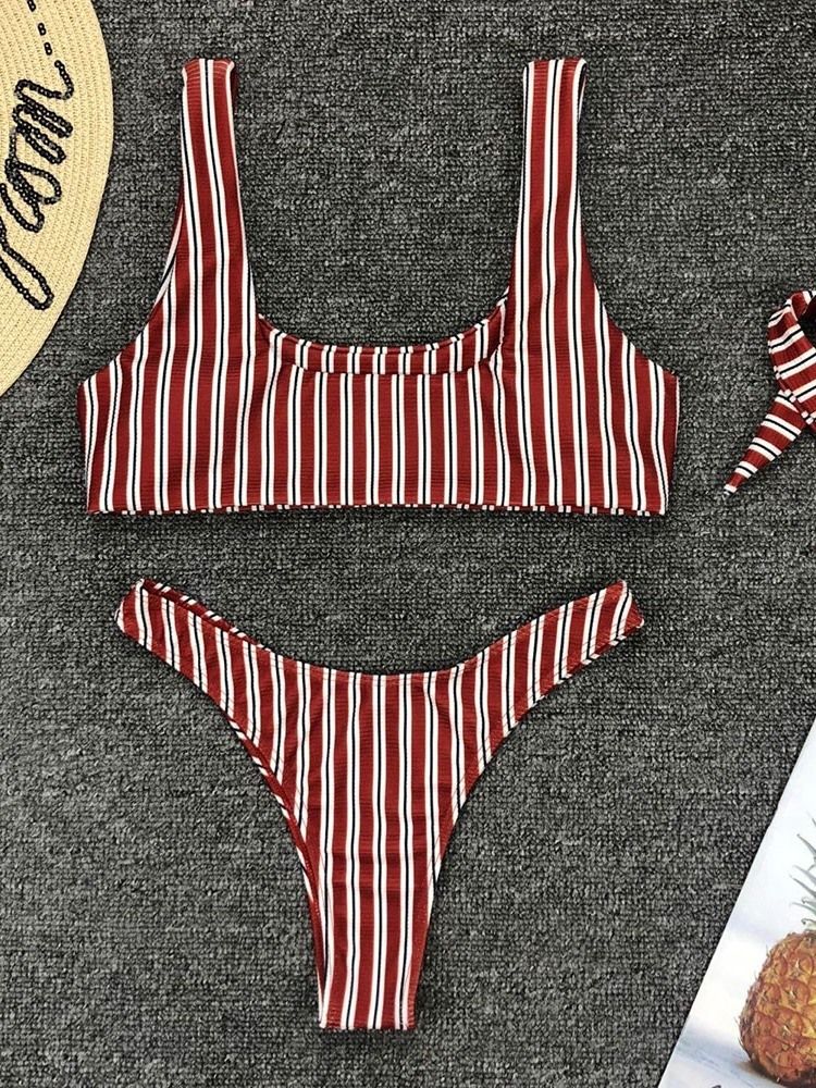 Conjunto De Biquíni Feminino Stripe Bowknot Com Look De Praia Maiô Elástico