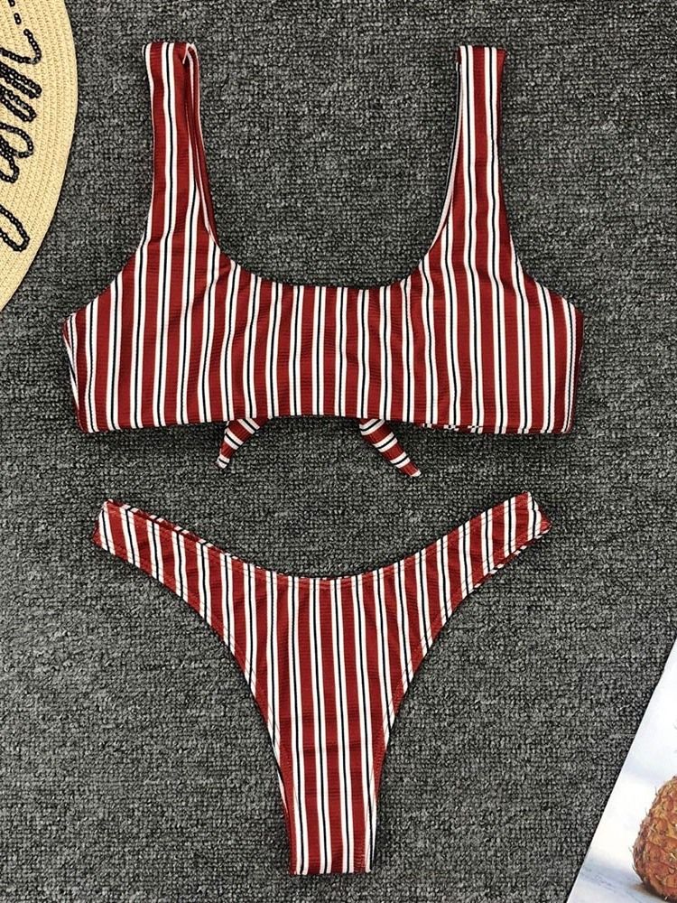 Conjunto De Biquíni Feminino Stripe Bowknot Com Look De Praia Maiô Elástico