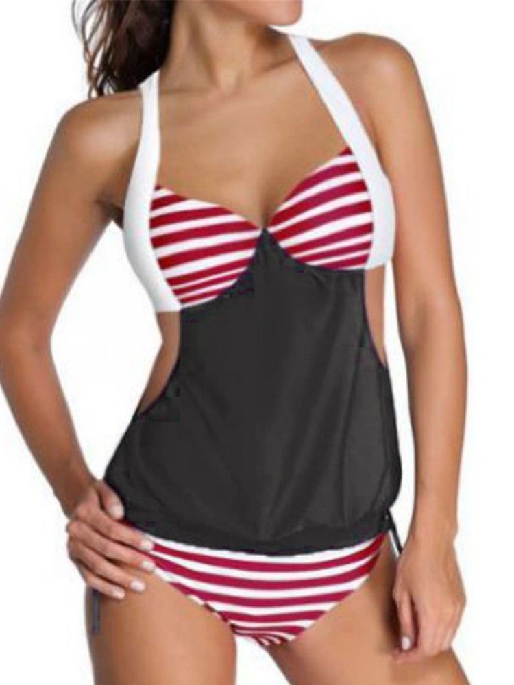 Conjunto Feminino Patchwork Stripe Hollow Tankini Traje De Banho