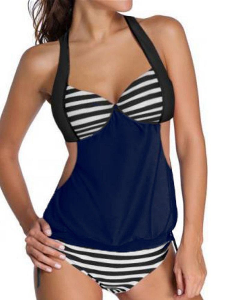 Conjunto Feminino Patchwork Stripe Hollow Tankini Traje De Banho