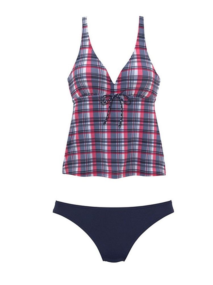 Conjunto Feminino Xadrez Bowknot Tankini Traje De Banho