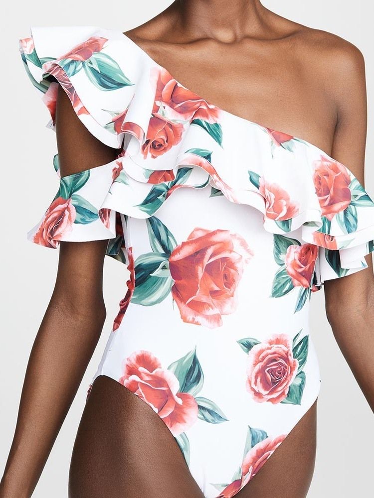 Roupa De Banho Feminina Sexy Com Estampa Floral De Um Ombro