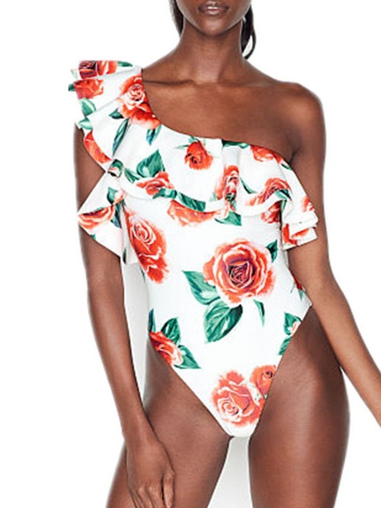 Roupa De Banho Floral Sexy Com Estampa De Um Ombro Feminino