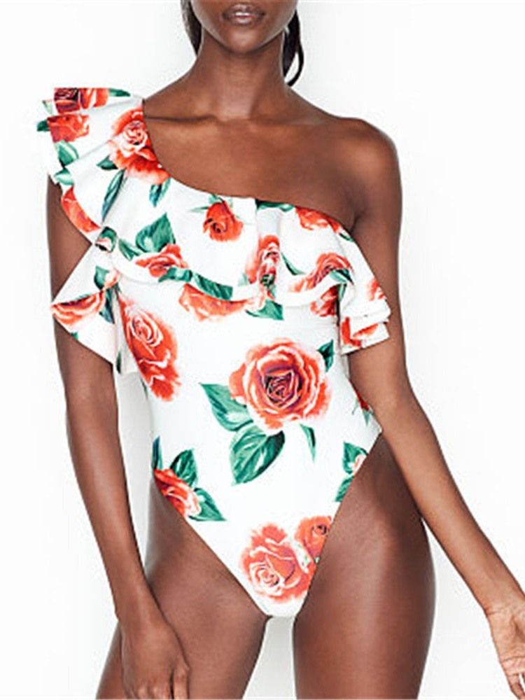 Roupa De Banho Floral Sexy Com Estampa De Um Ombro Feminino