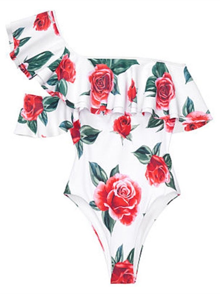 Roupa De Banho Floral Sexy Com Estampa De Um Ombro Feminino