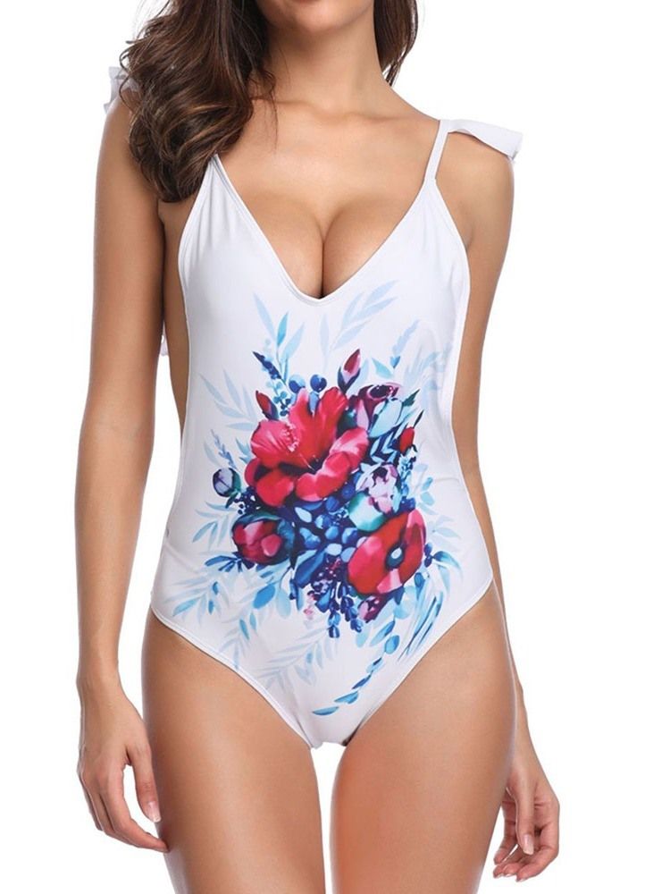 Traje De Banho Elástico Feminino Floral Sexy Pregueado Bakless