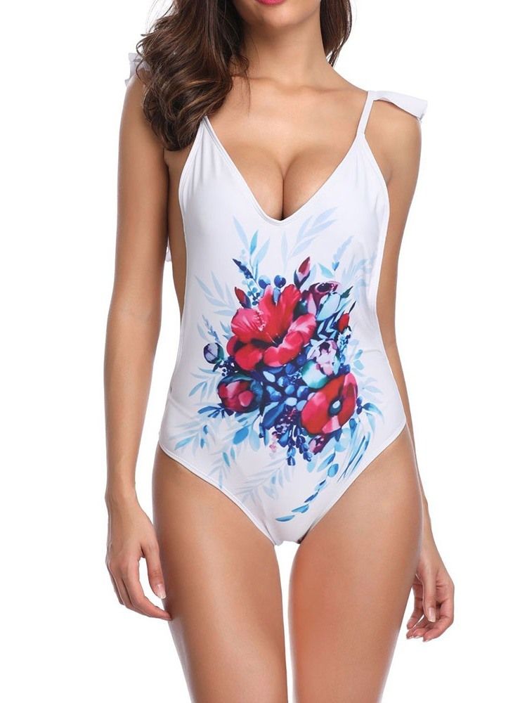 Traje De Banho Elástico Feminino Floral Sexy Pregueado Bakless