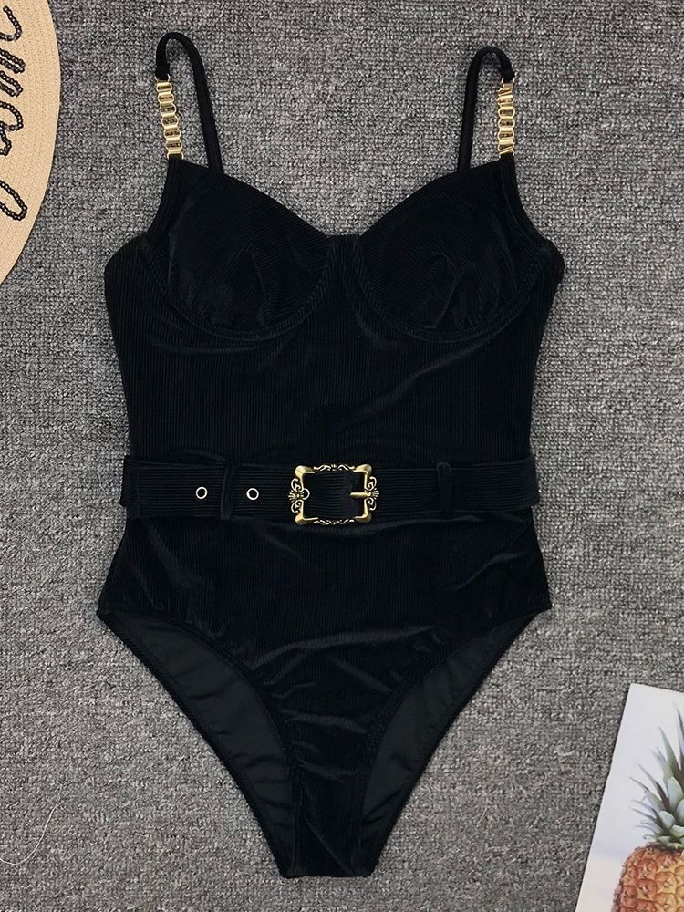 Traje De Banho Feminino Liso De Uma Peça Sexy Com Cinto