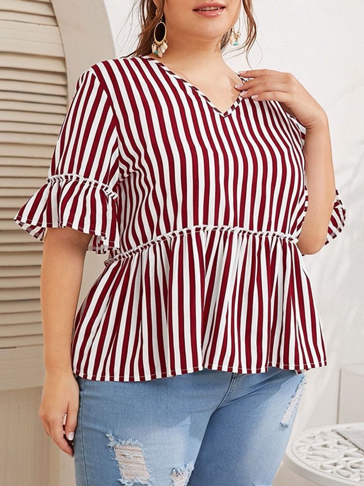 Blusa Feminina De Comprimento Médio Com Decote Em V Estampado Listra Meia Manga