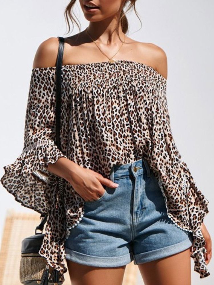 Blusa Feminina Estampa Leopardo Sem Ombro Padrão Manga Três Quartos