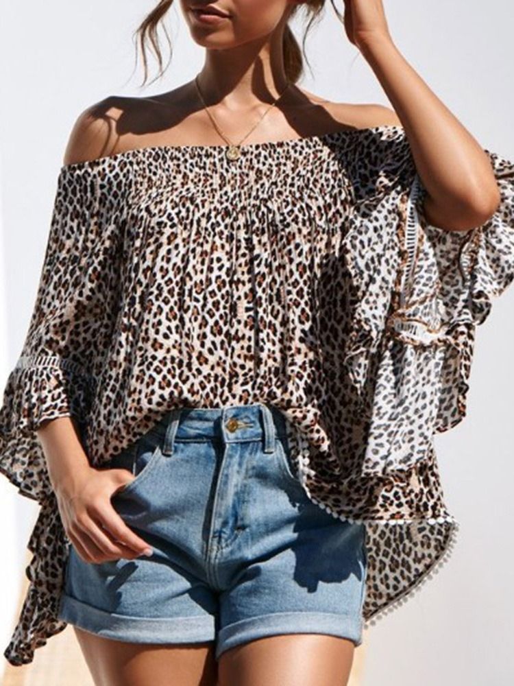 Blusa Feminina Estampa Leopardo Sem Ombro Padrão Manga Três Quartos