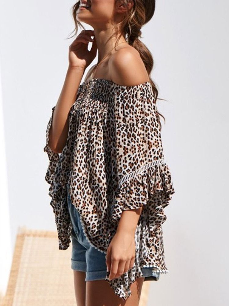 Blusa Feminina Estampa Leopardo Sem Ombro Padrão Manga Três Quartos