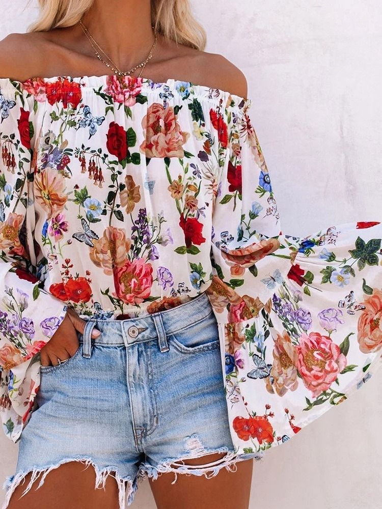 Blusa Feminina De Manga Comprida Padrão Sem Ombro Estampado Floral