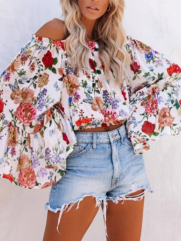 Blusa Feminina De Manga Comprida Padrão Sem Ombro Estampado Floral