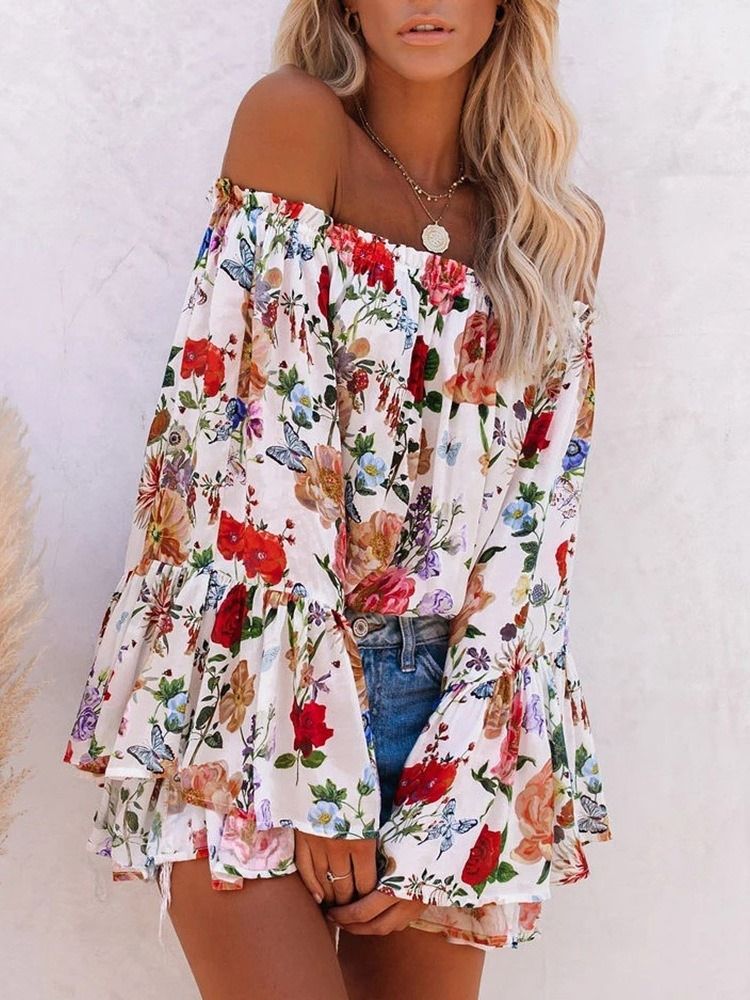 Blusa Feminina De Manga Comprida Padrão Sem Ombro Estampado Floral