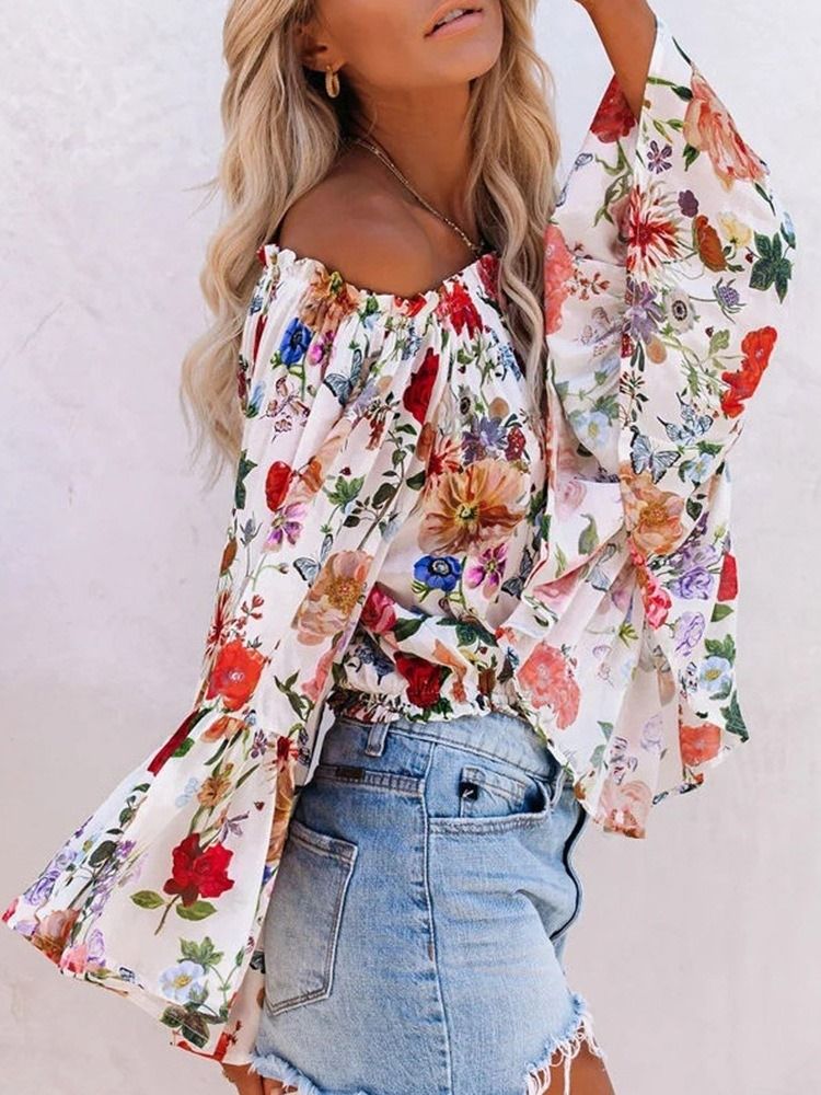 Blusa Feminina De Manga Comprida Padrão Sem Ombro Estampado Floral