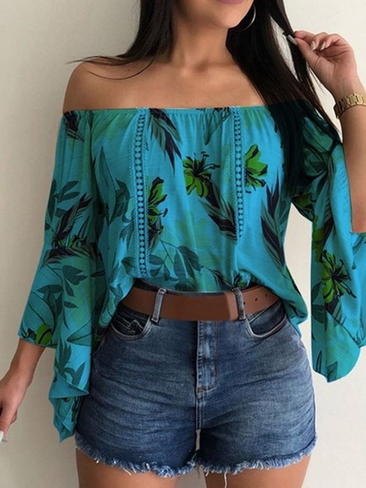 Blusa Feminina Padrão Com Bordado Floral Sem Ombro Manga Três Quartos