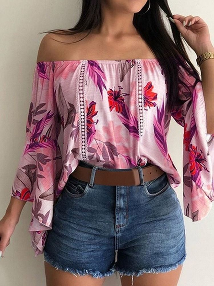 Blusa Feminina Padrão Com Bordado Floral Sem Ombro Manga Três Quartos