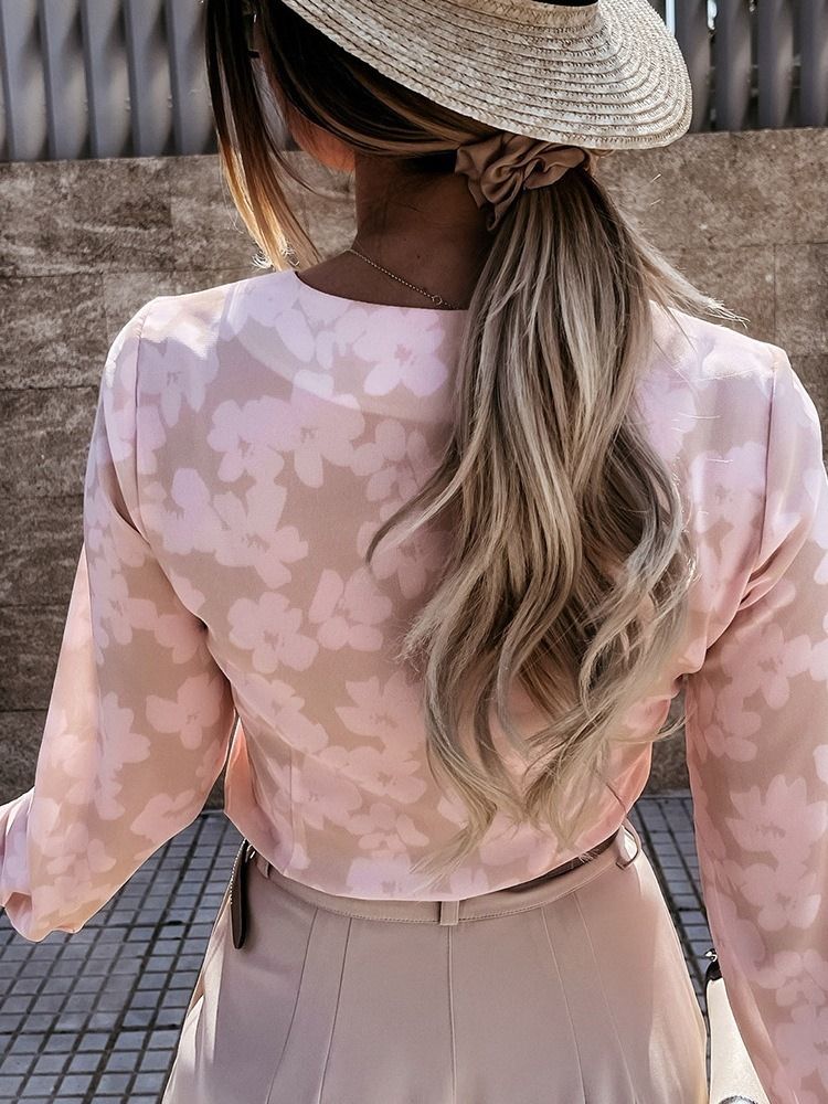 Blusa Feminina Padrão Com Decote Em V De Botão Floral Manga Longa